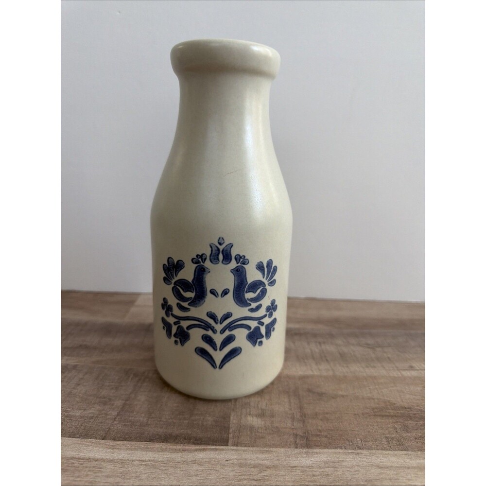 Pfaltzgraff Gray Stoneware Pottery 1 Qt Milk Bottle Folk Art Blue Flowers Birds